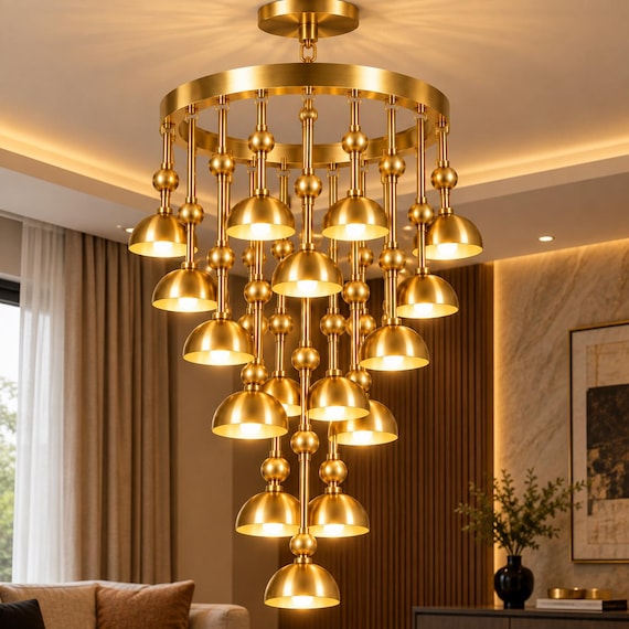 Luxury Brass Chandelier, Modern Cascading Pendant Light, Handmade Brass Ceiling Light, Large Statement Chandelier, Dining Room & Living Room