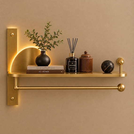 Modern Brass Wall Shelf with Decorative Rail Luxury Floating Display Shelf HandmadeMetal Home Decor Organizer Minimalist Living Room storage