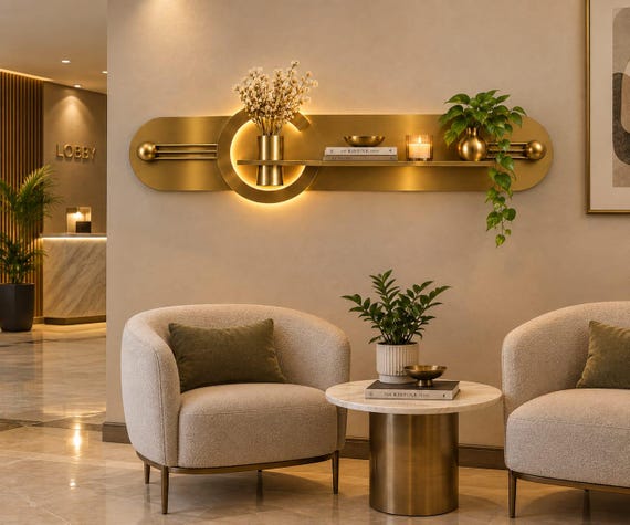 Handmade Brass Wall Shelf with LED Light, Modern Floating Display Shelf, Living Room Decor
