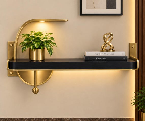 Luxury Brass Floating Shelf, Curved Support, LED Lighting, Dark Surface (Wall-Mounted)