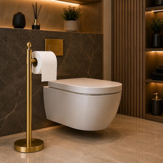 Modern Wall-Mounted Toilet with Gold Toilet Paper Holder – Luxury Bathroom Design