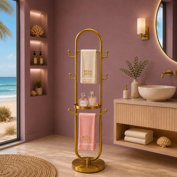 Luxury Brass Freestanding Towel Rack, Hotel-Style Bathroom Organizer with Shelf