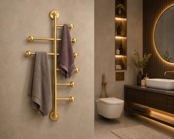 Luxury Brass Towel Rack, Wall-Mounted Multi-Hook Holder, Gold Bathroom Decor