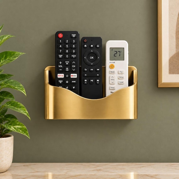 Gold Brass Remote Holder | Wall-Mounted TV Organizer (Handmade)