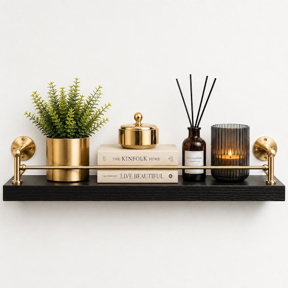 Modern Black Wood Floating Shelf with Brass Railing, Handcrafted Wall Storage