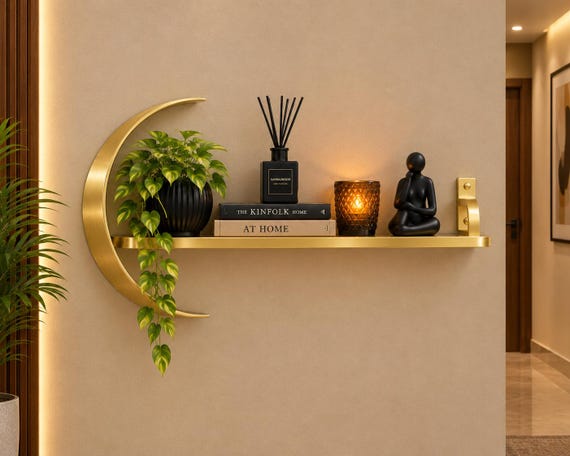 Gold Crescent Wall Shelf, Modern Floating Display, Boho Home Decor