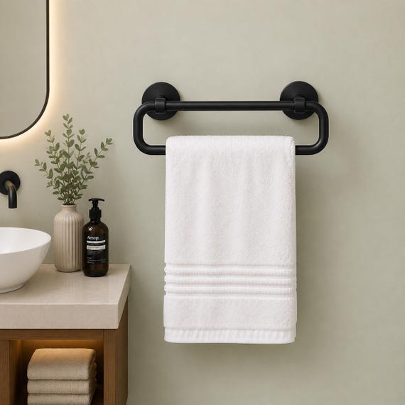 Handmade Black Brass Towel Rack, Wall Mounted Bathroom Holder, Modern Minimalist Decor