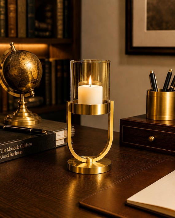 Brass Candle Holder with Glass Hurricane Shade, Modern Gold Candle Lantern, Luxury Table Centerpiece, Minimalist Home Decor, Elegant Gift