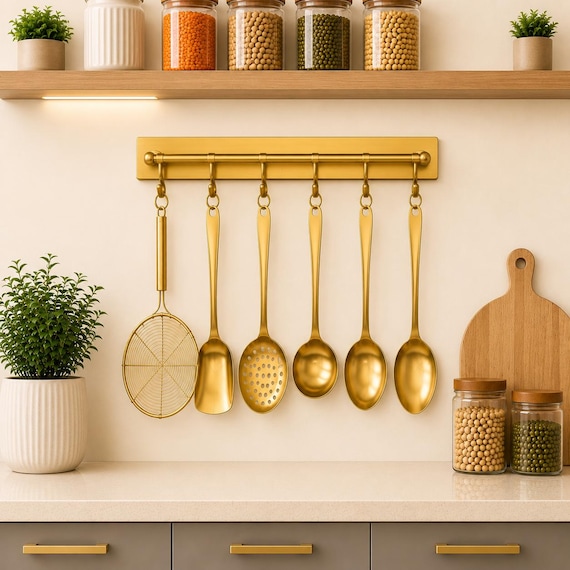 Golden Brass Kitchen Utensil Rack, Wall-Mounted Organizer for Spoons, Ladles, Strainers
