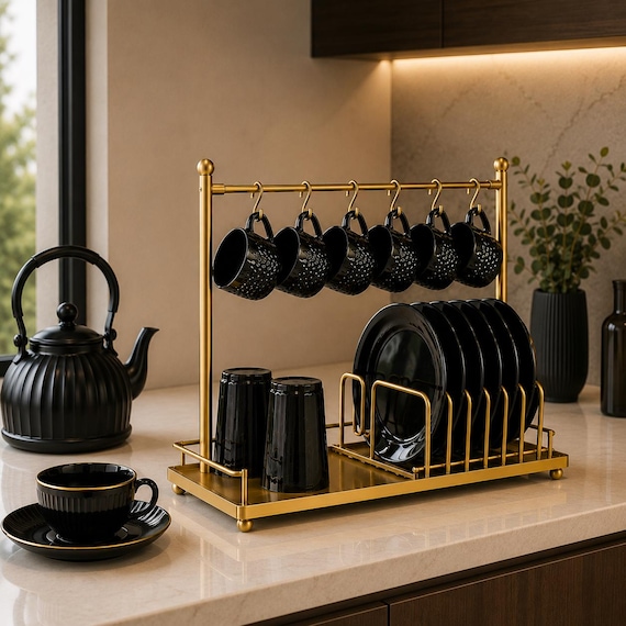 Brass Kitchen Cup & Plate Organizer Rack | Multi-Level Storage, Elegant Design
