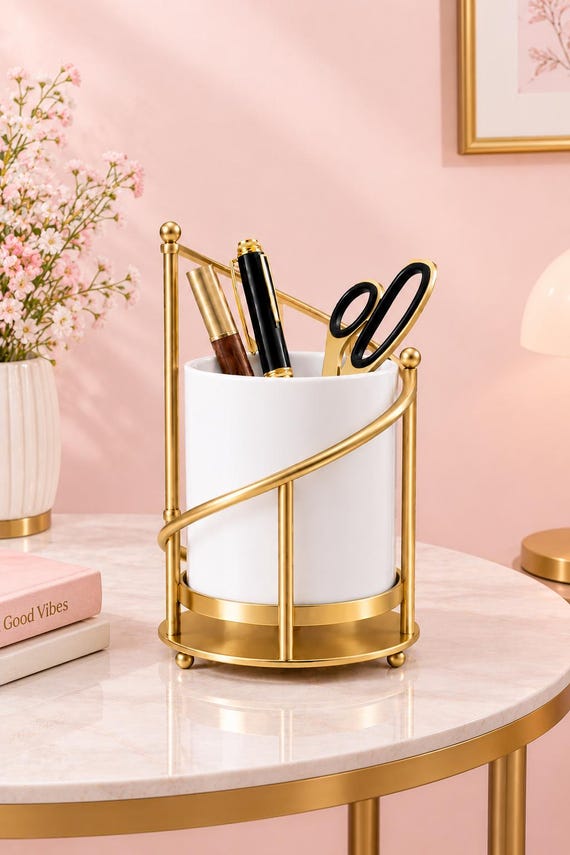 Gold Brass Frame White Ceramic Pen Holder, Modern Desk Organizer, Makeup Brush Holder (Home Office Decor)