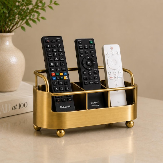 Brass Remote Control Organizer, Gold TV Remote Holder, Tabletop Storage (Multi-Compartment)