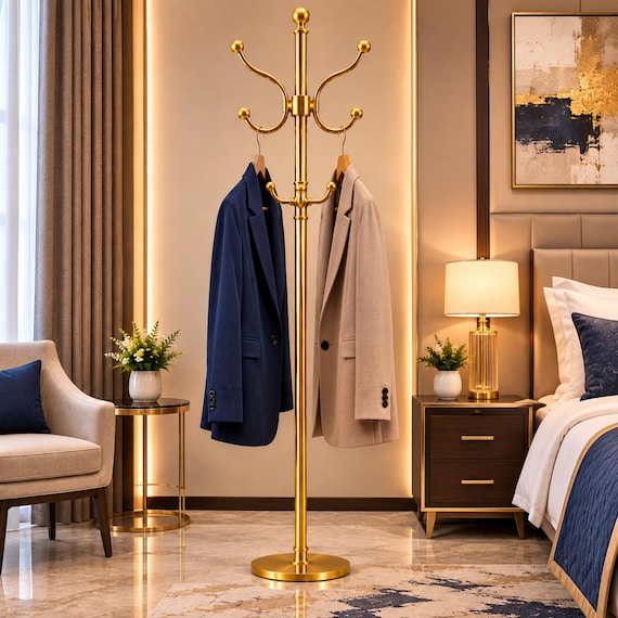 Luxury Gold Brass Freestanding Coat Stand for Bedroom – Modern Designer Clothes & Towel Rack