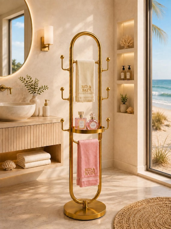 Luxury Brass Freestanding Towel Rack, Hotel-Style Bathroom Organizer with Shelf