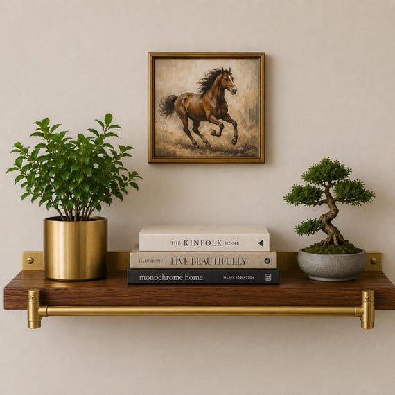 Wood & Brass Floating Wall Shelf with Rail – Modern Home Decor Shelf