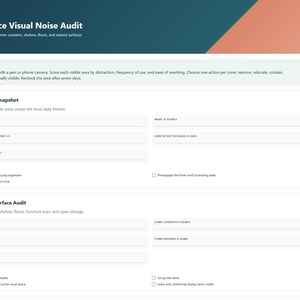 Planificador de organización de espacios pequeños / Auditoría visual de desorden, reorganización de superficies y hogar tranquilo (PDF)