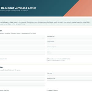May include: A digital Household Document Command Center planner template with a dark teal and peach header. It features sections for Document Inbox and Digital Filing Map, including fields for date received, document type, and checklists for organization.