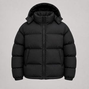 May include: A solid black puffer jacket featuring a high collar, a full-length front zipper, and a detachable hood. The garment is constructed with horizontal quilted baffles throughout the body and sleeves, finished with elasticized cuffs.