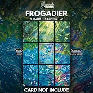 May include: A digital art print featuring a central Frogadier trading card illustration surrounded by a nine-panel grid of lush forest and flowing water imagery. Text includes Generals Studio, Frogadier, No. 089/086, AR, PDF File, 300 DPI, A4 + US Letter, Instant Access, and Card Not Include.