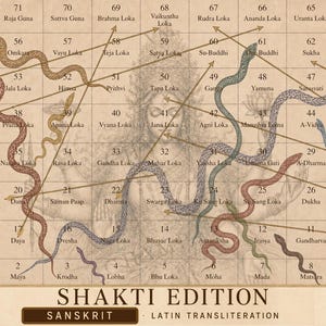 May include: A board game titled Shakti Edition featuring a grid numbered 1 to 72 with Sanskrit terms and Latin transliterations. The board displays a faint illustration of a deity and various colored snakes connecting different numbered squares.