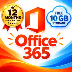 Puede incluir: Un gráfico digital para Office 365 que presenta el logotipo naranja, una insignia dorada con el texto 12 MONTHS SUBSCRIPTION y un icono de nube azul etiquetado como FREE 10 GB STORAGE. El fondo consiste en ondas abstractas naranjas y azules.