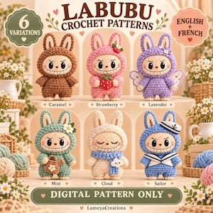 Peut inclure: Une collection de modèles numériques pour six poupées au crochet Labubu, incluant les variantes Caramel, Strawberry, Lavender, Mint, Cloud et Sailor. Le texte indique Labubu Crochet Patterns, English + French, 6 Variations et Digital Pattern Only.