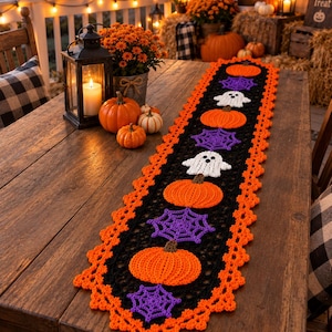 Modèle de chemin de table au crochet pour Halloween (PDF), motifs citrouille, fantôme et toile d'araignée, chemin de table en dentelle à télécharger.