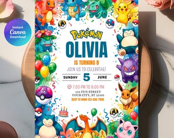 Invito di compleanno a tema Pokémon, invito per festa di compleanno per bambini a tema Pokémon, download digitale immediato e modificabile su Canva.