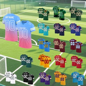 May include: A collection of customizable sports jerseys in various color combinations, featuring V-necks, short sleeves with striped cuffs, and the placeholder text ANY NAME and TEAM NAME with the number 00 printed on the front and back.