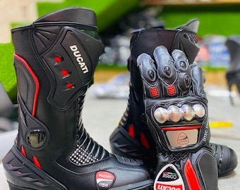Bottes et gants de moto Ducati noirs et rouges – Ensemble d'équipement de conduite sportive