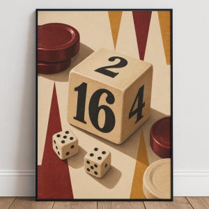 May include: A framed wall art print featuring a backgammon board layout with a large beige doubling cube displaying the numbers 2, 16, and 4. Two smaller standard dice are positioned nearby, accompanied by several red and beige circular game checkers.