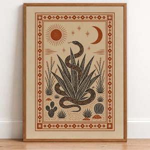 May include: A framed wall art print featuring a desert scene with a snake coiled around an agave plant, surrounded by cacti. The illustration uses a palette of burnt orange and black on a tan background, enclosed in a geometric border.
