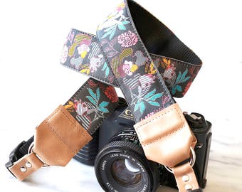 The 'JULIA' Grey Floral Designer DSLR Camera Strap w  Hand Strap | 1.5 inches wide Cool Camera Strap | Camera Neck Strap | 7 Leather Colors