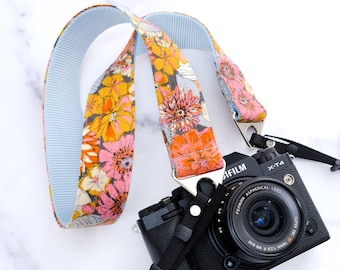 Custom Camera Strap in Flannel | 1.5" / 1 " wide | Designer Floral Camera Strap  | The 'AUTUMN' Fall Color Flannel on Dolphin Blue Webbing