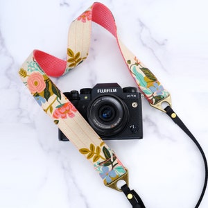 Custom Canvas Camera Strap | 1.5&quot; / 1 &quot; wide | Feminine Floral Rifle Paper Co. Fabric Camera Strap  | &#39;CORSAGE&#39; with Strawberry Pink Webbing