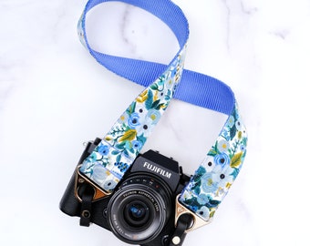 Designer Camera Strap | 1.5" / 1 " wide | Feminine Floral Rifle Paper Co. Fabric Camera Strap  | 'PETITE ROSE in blue with Sky Blue Webbing