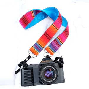 Guatemalan Camera Strap |1.5&quot; or 1 &quot; wide DSLR or Mirrorless Camera Strap - Serape Camera Strap - The &#39;Fiesta&#39; on Peacock Blue Nylon Webbing