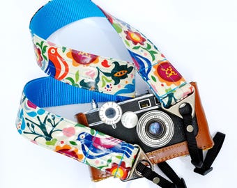 Folksy Laminated Camera Strap | FRIDA print  |  1.5 / 1 inch wide | DSLR / Mirrorless Camera strap | Mexican Folk Art Camera Strap | Peacock