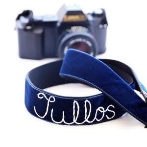 Embroidered Velvet Camera Strap | Velvet Camera Strap with Name | 1.5&quot;-1 &quot;W Strap | Hand Embroidered Camera Strap | 20 Colors on Slate Gray