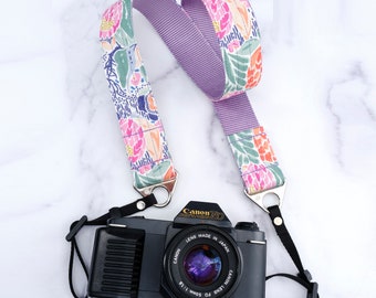 Custom Canvas Camera Strap | 1.5&quot; / 1 &quot; wide | Feminine Floral Camera Strap  | Mirrorless / DSLRs | The &#39;LANA&#39; Canvas on Lilac Grape Webbing