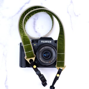 Designer Velvet Camera Strap | 1.5&quot; - 1 &quot; wide Camera Strap | Stylish Camera Strap | Moss Green &#39;HUNTER&#39; Velvet on Slate Gray Nylon Webbing