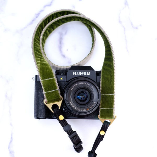 Designer Velvet Camera Strap | 1.5" - 1 " wide Camera Strap | Stylish Camera Strap | Moss Green 'HUNTER' Velvet on Slate Gray Nylon Webbing