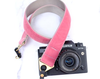 Designer Velvet Camera Strap | 1.5" - 1 " wide Camera Strap - Super Stylish Camera Strap- Pink 'Primrose' Velvet on Slate Grey Nylon Webbing