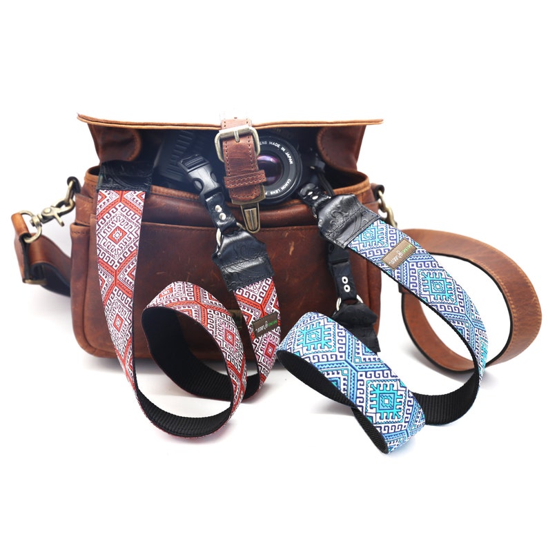 The Hapi in Red Camera Strap with Native Pattern and Quick Release Buckles 1.5 inches wide image 3