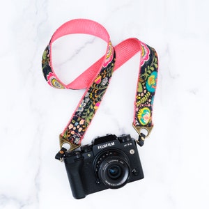 Canvas Camera Strap | 1.5&quot; or 1 &quot; wide - Floral Camera Strap - Super Cool Camera Strap- The &#39;MIDGE&#39; Canvas on Strawberry Pink Nylon Webbing