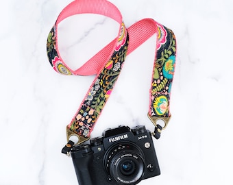 Canvas Camera Strap | 1.5&quot; or 1 &quot; wide - Floral Camera Strap - Super Cool Camera Strap- The &#39;MIDGE&#39; Canvas on Strawberry Pink Nylon Webbing