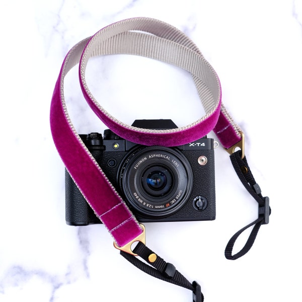 Designer Velvet Camera Strap | 1.5" - 1 " wide Camera Strap - Super Stylish Camera Strap- Purple 'Olive' Velvet on Slate Grey Nylon Webbing