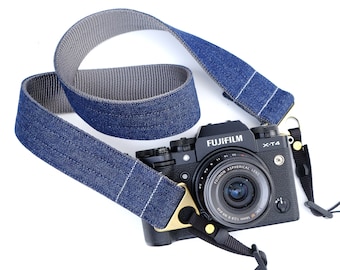 Denim Camera Strap | 1.5 or 1&quot; inch wide for DSLR Camera or Mirrorless Camera | Canvas Jean Camera Strap on ASH Gray nylon webbing