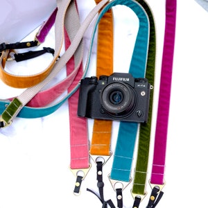 Designer Velvet Camera Strap | 1.5&quot; - 1 &quot; wide Camera Strap | Stylish Camera Strap | 20 Colors of Velvet on Slate Gray Nylon Webbing