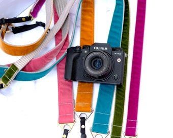 Designer Velvet Camera Strap | 1.5&quot; - 1 &quot; wide Camera Strap | Stylish Camera Strap | 20 Colors of Velvet on Slate Gray Nylon Webbing